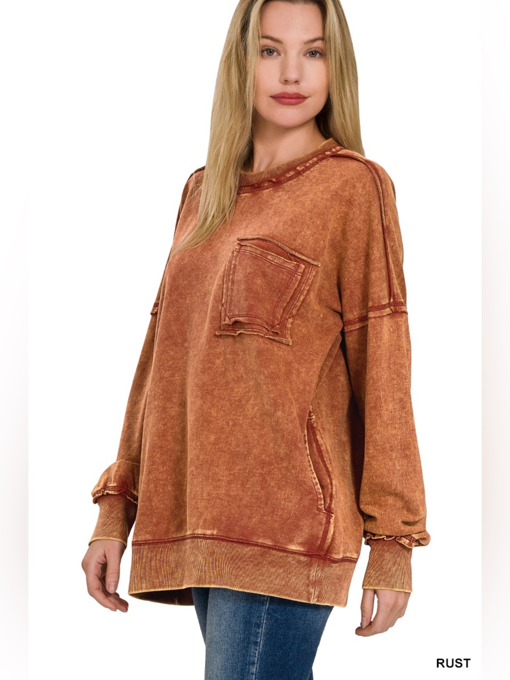 Zenana Outfitters Rust Mineral Wash Pullover Sweatshirt sz M NWT